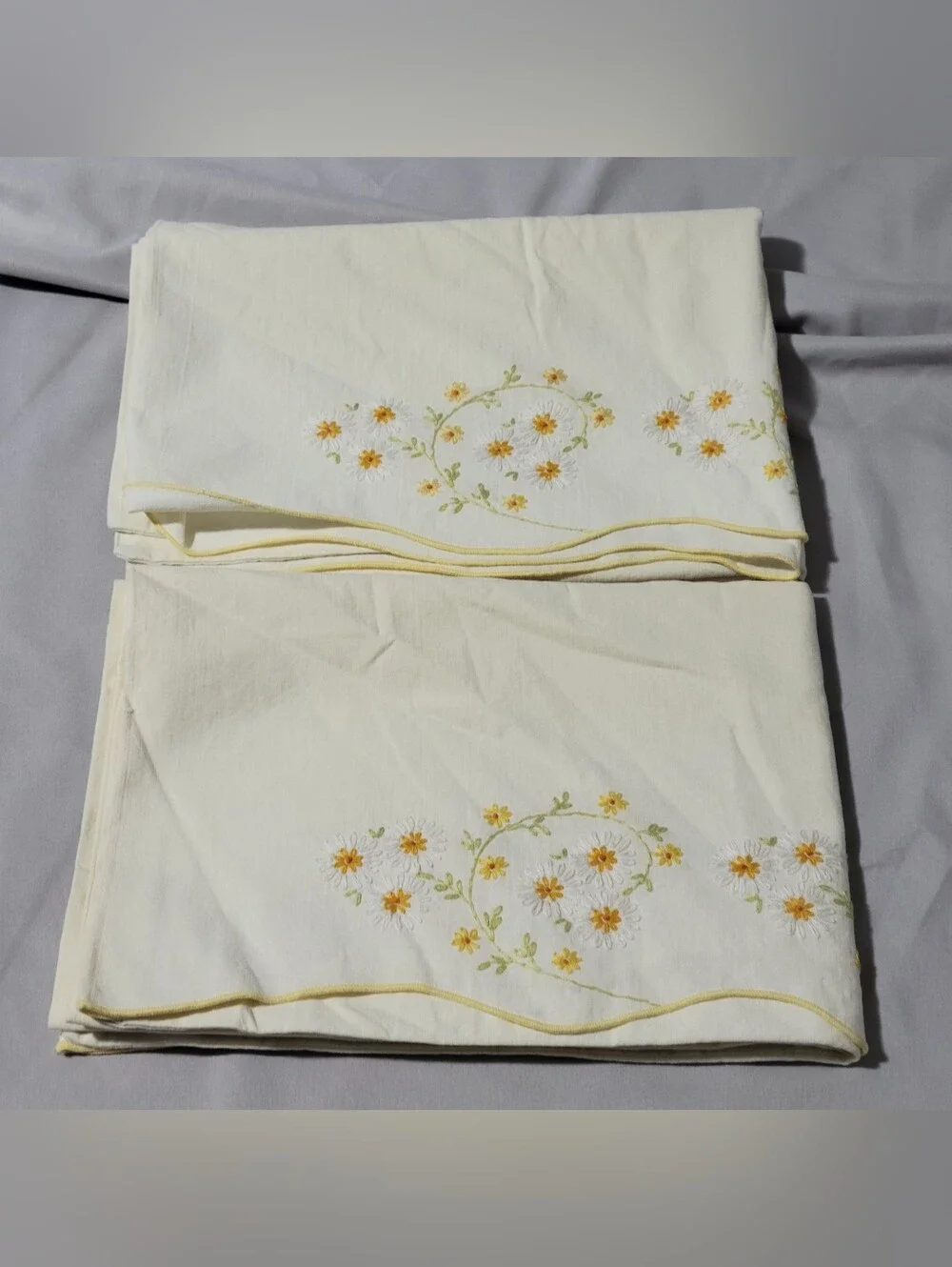 Set Of 2 Standard Vintage Yellow Floral Embroidered Pillowcases
